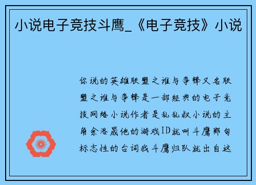 小说电子竞技斗鹰_《电子竞技》小说